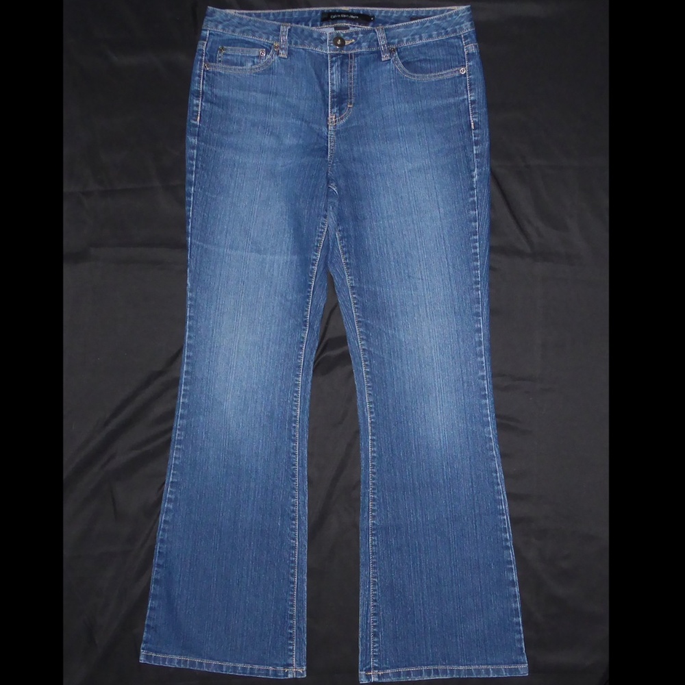WOMENS CALVIN KLEIN DARK JEANS MID RISE FLARE POCKET STITCHING WHITE LABEL 10